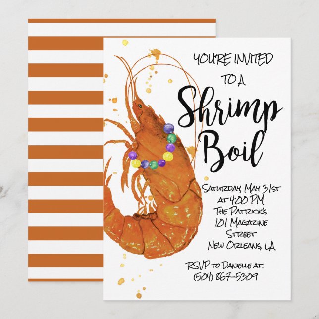 Inbjudan till Mardi Gras Shrimp Boil (Fram/baksida)