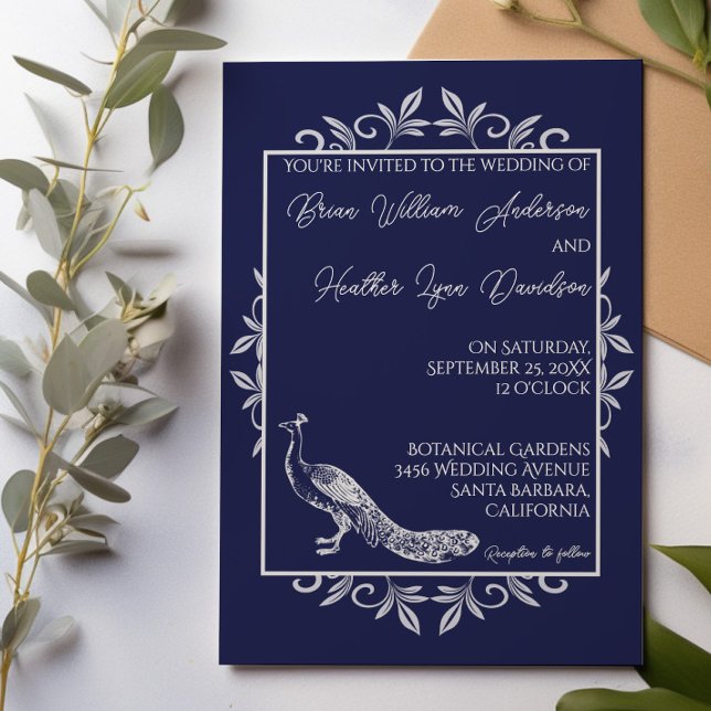 Inbjudan till mardrömsbröllop i marinen (Navy Blue Peacock Flourish Wedding Invitation)