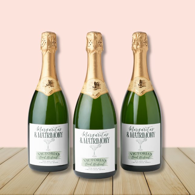 Inbjudan till Margs och Matrimony Bachelorette (Fiesta-themed champagne label with green accents – perfect for a bubbly bridal celebration!)