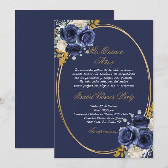Inbjudan till marinblå Quinceanera på spanska (Fram/baksida)