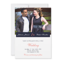 Inbjudan till marinblått och korallellt fotobröllo