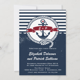Inbjudan till marint och rött Rustic Nautical Wedd