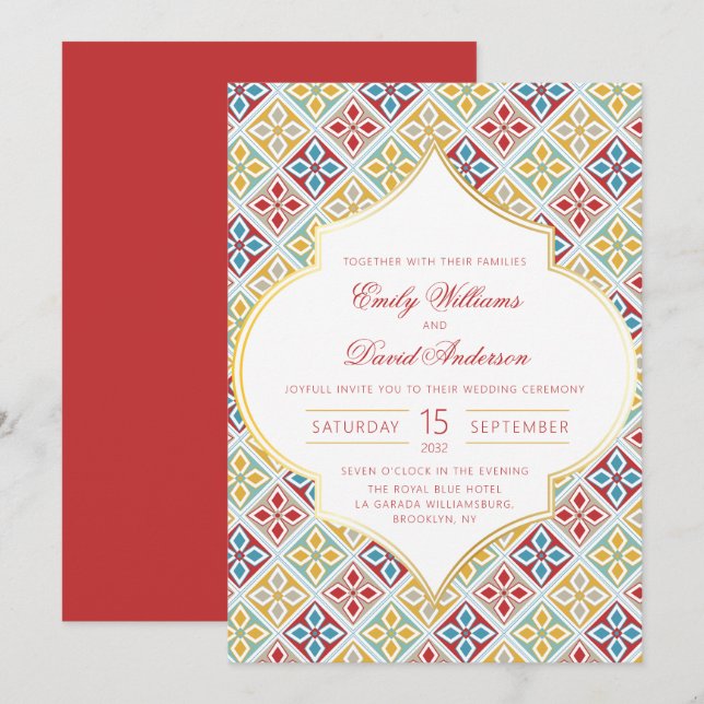 Inbjudan till marockanska plattan Mönster Red Wedd (Fram/baksida)
