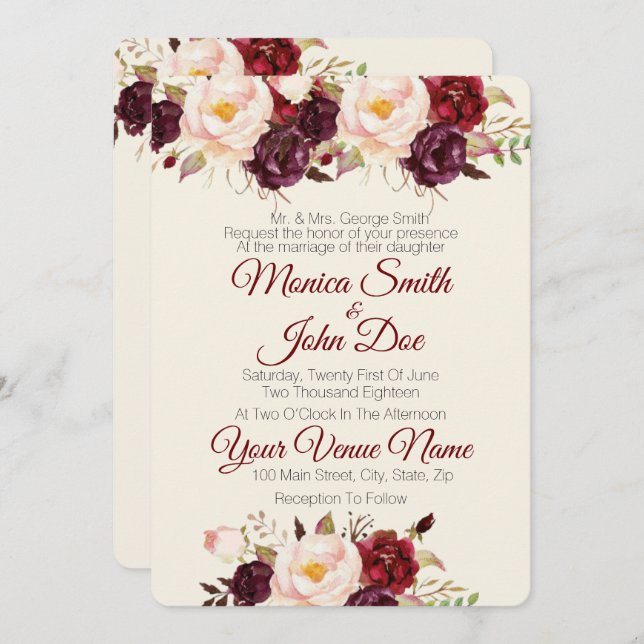 Inbjudan till Marsala Burgundy Watercolor Wedding (Fram/baksida)