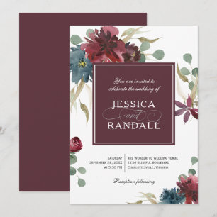 Inbjudan till Marsala Red and Navy Blommigt Weddin