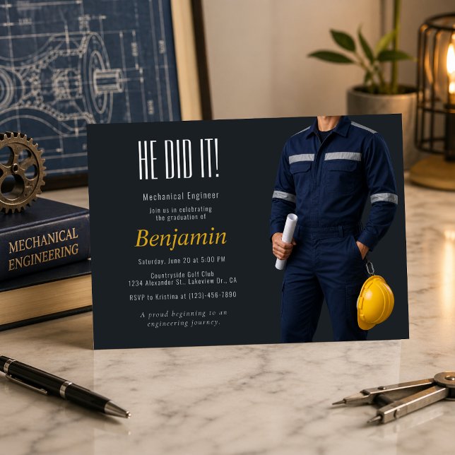 Inbjudan till maskiningenjörens examensfest (Modern mechanical engineer graduation invite with bold, clean, professional design)