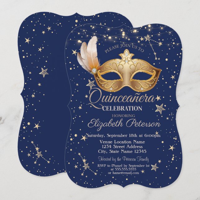 Inbjudan till Masque Navy Blue Stars Quinceañera (Fram/baksida)