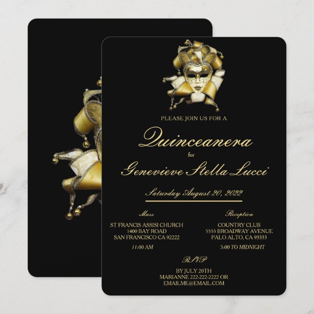 Inbjudan till Masquupperapartiet Mask Quinceañera (Fram/baksida)