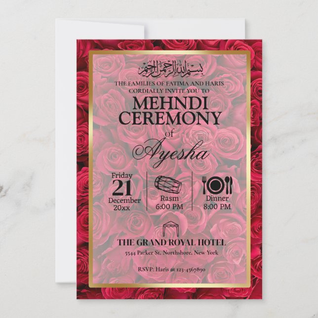 Inbjudan till Mehndi-kanalen Ro Blommigt Guld Isla (Framsida)