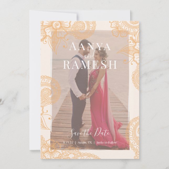 Inbjudan till Mehndi Photo Bröllop spara datum (Framsida)