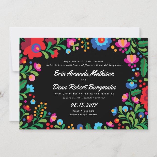 Inbjudan till mexikansk Embroidery Colorful Weddin (Framsida)