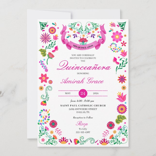 Inbjudan till mexikansk fiesta Embroidery Quinceañ (Framsida)