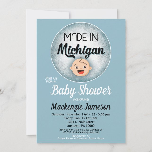Inbjudan till Michigan Baby Shower Funny Blue Boys (Framsida)