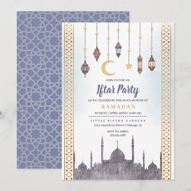 Inbjudan till middagen Blue Guld Iftar Party Ramad (Fram/baksida)