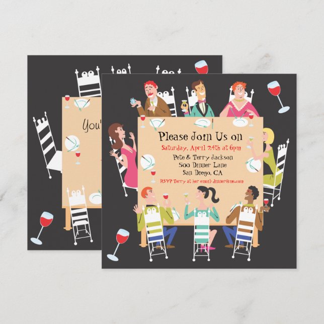 Inbjudan till middagsparty med bord och vänner (Fram/baksida)