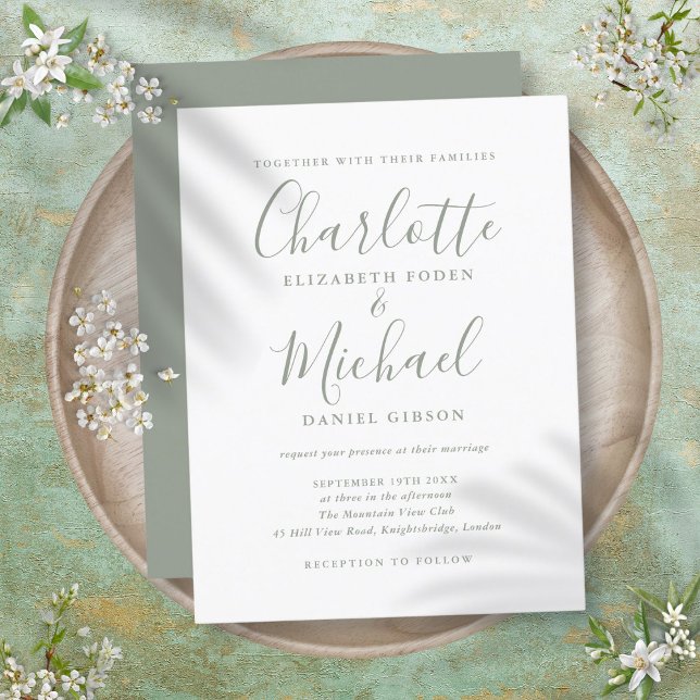 Inbjudan till minimal Grönt av skript till bröllop Vykort (Minimalist Sage Green Script Wedding Invitation)