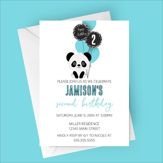 Inbjudan till minimal Panda Bear-Födelsedagsfest (Minimalist Panda Birthday Party Invitation with Blue Balloons)