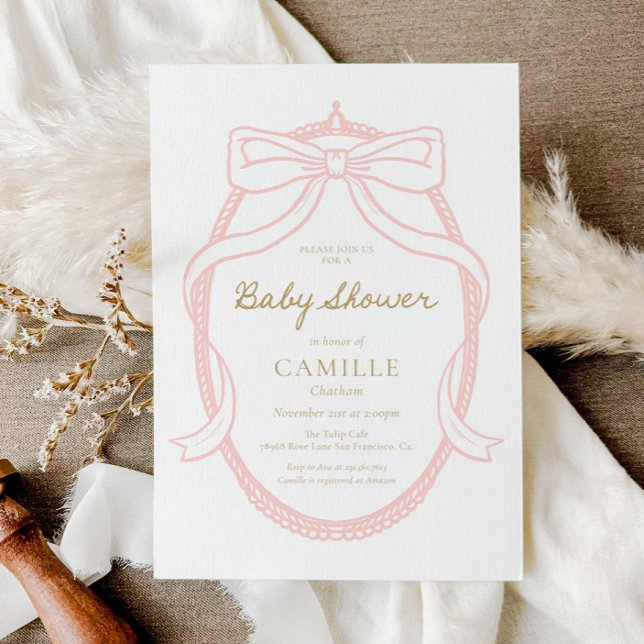 Inbjudan till minimal Rosa för babyskor för elegan (Pink Bow Girl Baby Shower Invitation)