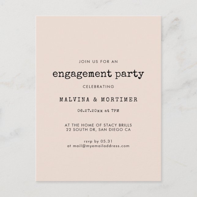 Inbjudan till minimal skrivmaskin-förlovningsfest (Framsida)