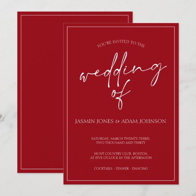 Inbjudan till minimala Crimson Red Script Wedding (Fram/baksida)