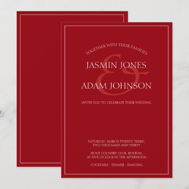 Inbjudan till minimala Crimson Red Script Wedding (Fram/baksida)