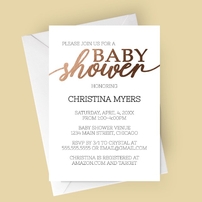 Inbjudan till minimalistisk Bronze Elegant Baby Sh (Elegant Bronze Baby Shower Invitation)