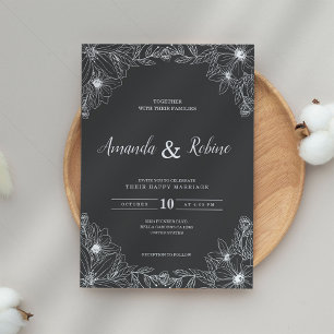 Inbjudan till minimalistisk svartvit Blommigt-bröl