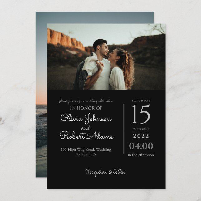 Inbjudan till minimalistisk svartvit fotobröllop (Fram/baksida)