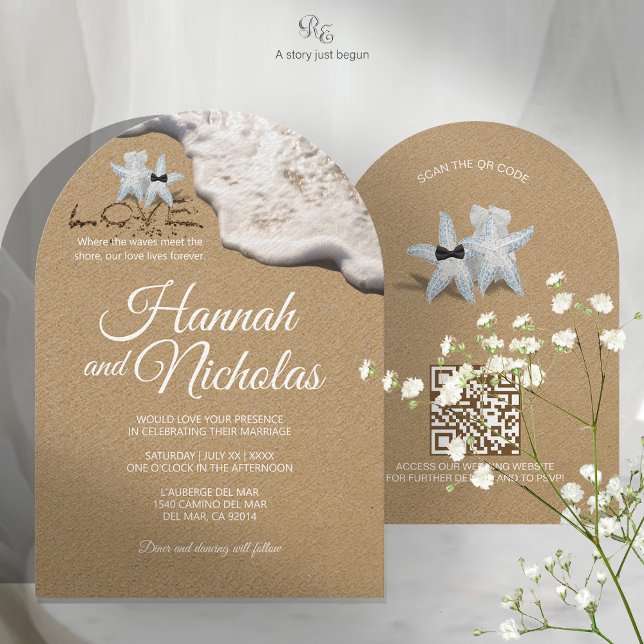 Inbjudan till minimalistiskt bergssnöre för stjärn (Elegant arched wedding invitation styled with veil and baby’s breath accents.)