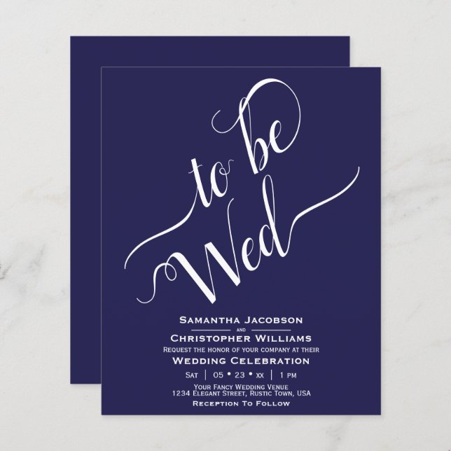 Inbjudan till minimalistiskt blått BUDGETbröllop (Fram/baksida)