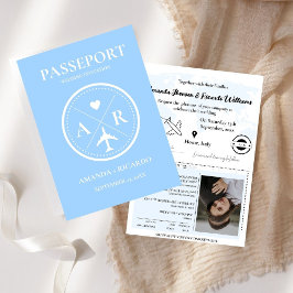 Inbjudan till minimalistiskt blått pass-fotobröllo