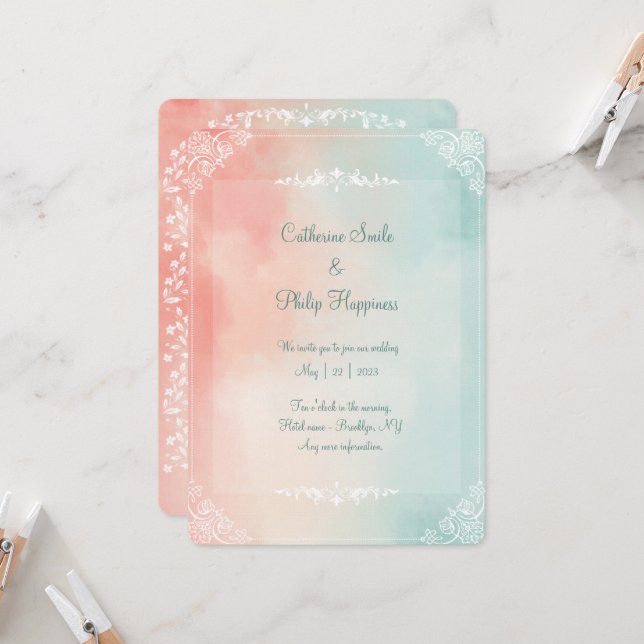 Inbjudan till minimalistiskt bröllop med vattenfär (Fram/Back In Situ)