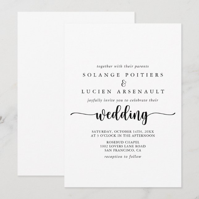 Inbjudan till minimalistiskt Calligraphy-bröllop (Fram/baksida)