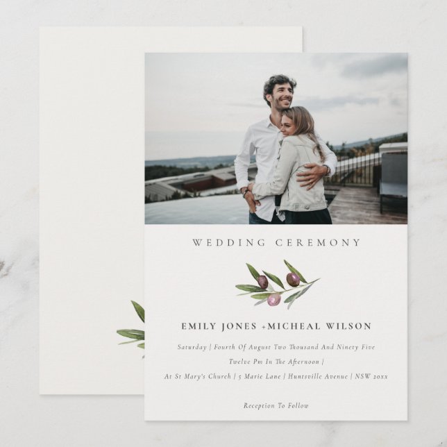 Inbjudan till minimalt Olive-fotobröllop i Gren (Fram/baksida)