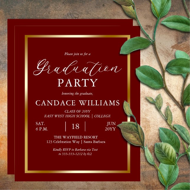 Inbjudan till minsta parti i Guld Ram Flygblad (BUDGET Gold Tone Frame Dark Red Minimalist Graduation Party Invitation Flyer)