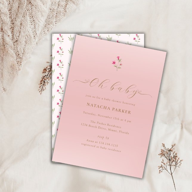 Inbjudan till minsta rosa Wildblomsterbabykläder (Pink Minimal Wildflower Baby Shower Invitation)