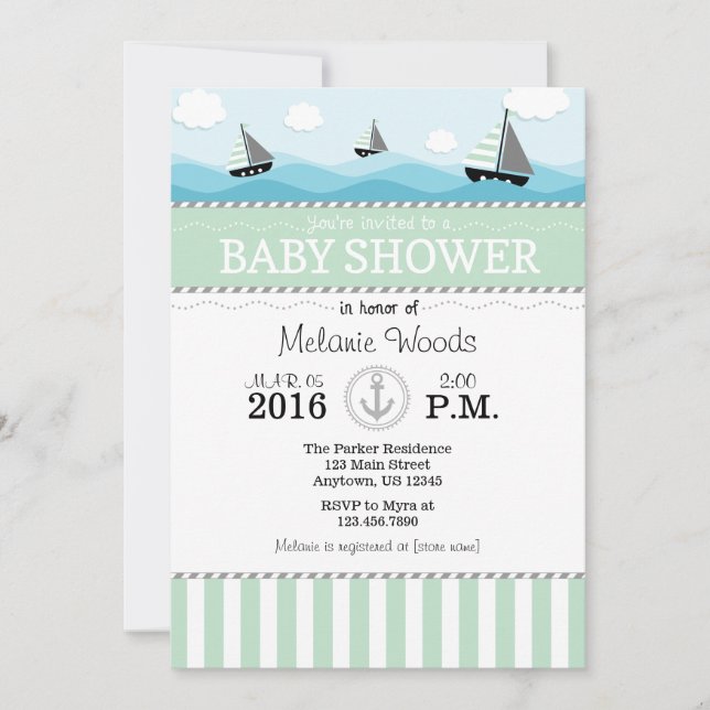 Inbjudan till Mint Grönt Blue Nautical Baby Shower (Framsida)
