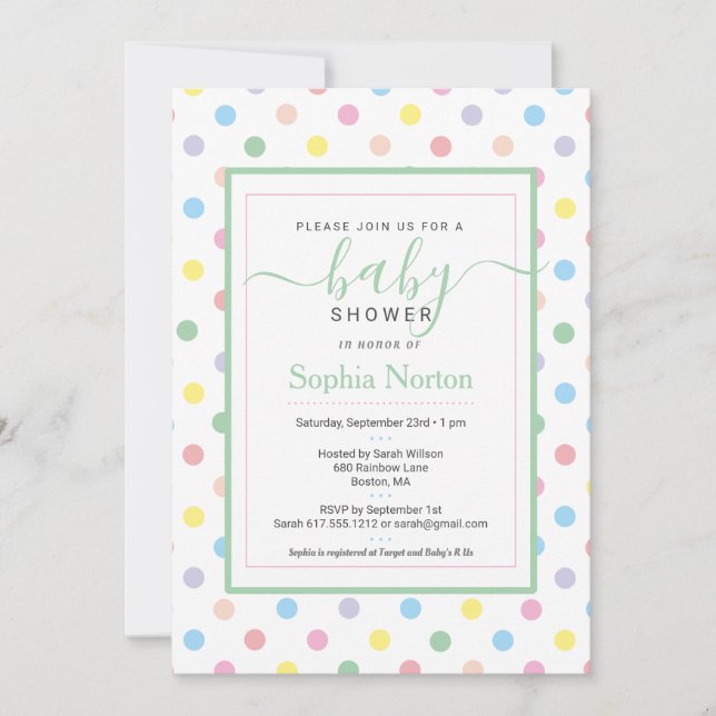 Inbjudan till Mjuk Pastel Polka dots Baby Shower (Framsida)