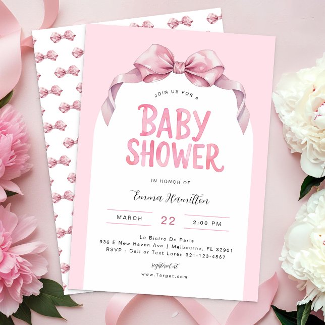 Inbjudan till modern babyåda i Coquette Bow - Cute (Pink Baby Shower invitation)