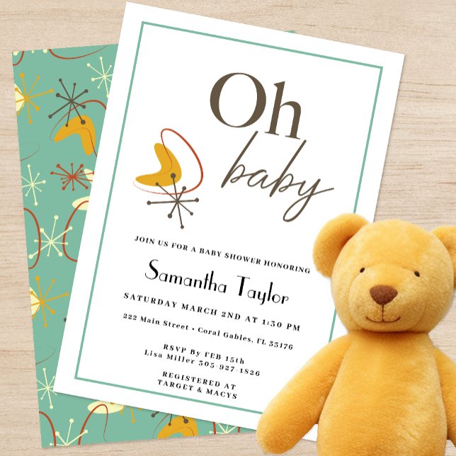 Inbjudan till modern babyåkare i mitten av århundr (Oh Baby - Mid Century Modern Baby Shower Themed Invitation )