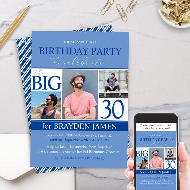 Inbjudan till Modern Blue Photo Collage 30års föde (Modern Simple Blue Photo Collage Birthday Party invitation for 30th or any birthday September blue)