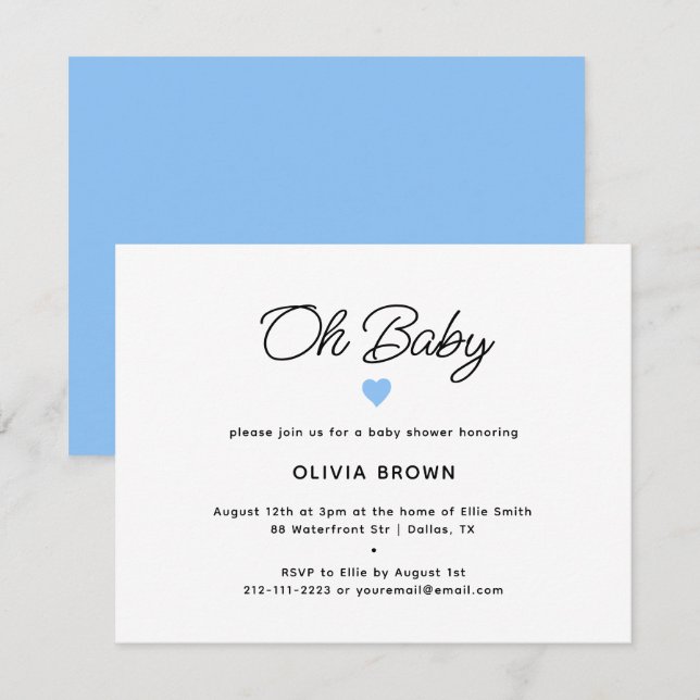 Inbjudan till Modern White Blue Oh Baby Shower (Fram/baksida)