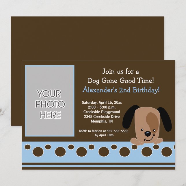 Inbjudan till modet Puppy Blue och Brown Birthday (Fram/baksida)