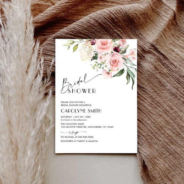 Inbjudan till Möhippa av Blommigt för  Rosa för va (Watercolor Blush Pink Floral Bridal Shower Invitat Invitation)