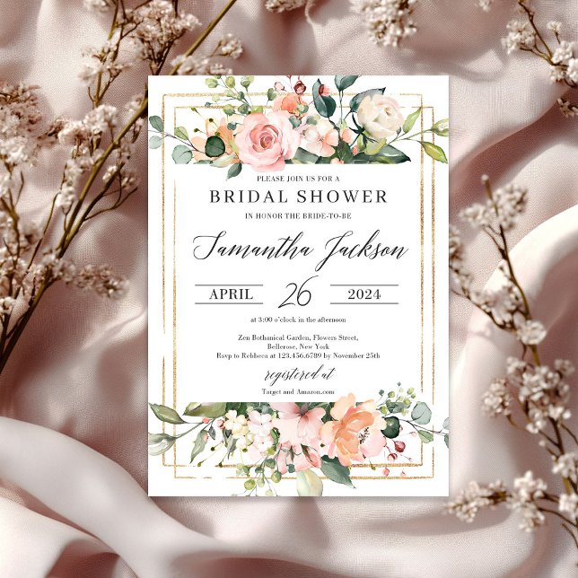 Inbjudan till Möhippa för  Rosa Blommigt i Boho (Boho Blush Pink Floral Bridal Shower invitation)