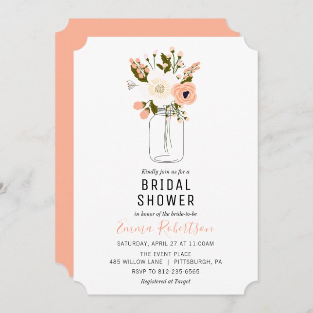 Inbjudan till möhippa Peach Bouquet Shower (Fram/baksida)
