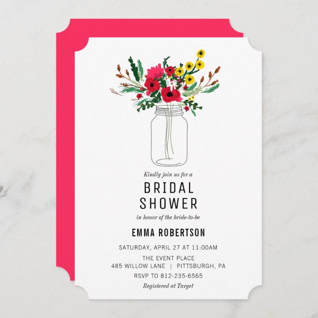 Inbjudan till möhippa Red Bouquet Shower (Fram/baksida)
