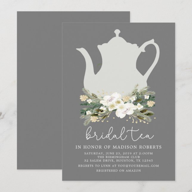 Inbjudan till möhippa Tea Grått Watercolor Flowers (Fram/baksida)