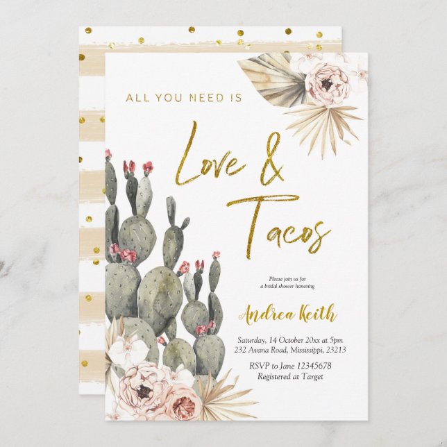 Inbjudan till Möhippan Boho Cactus Kärlek och Taco (Fram/baksida)