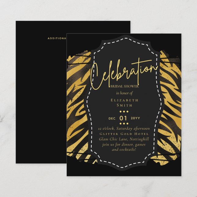 Inbjudan till Möhippan Glitzy Black Guld-tema (Fram/baksida)